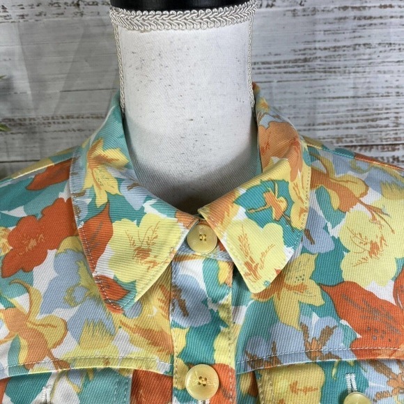 Nicole Miller Denim Jean Jacket size 12 Orange Yellow Floral Pockets Stretch - Picture 4 of 11